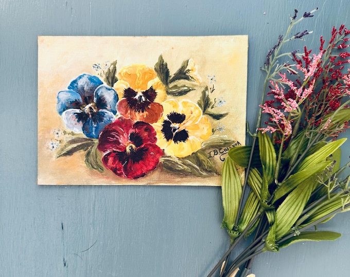Vintage 1970s Pansy Flower Original Oil Painting Small 5X7 Unframed Flower Bouquet Painting Canvas Foundation Board