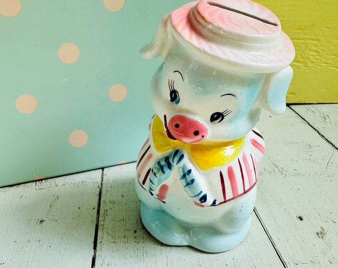 Vintage 1950s Piggy Bank, Vintage Mid Century Coin Bank, 50s Piggy Bank, Mid Century Animal figurine, Anthropomorphic Pig Knick Knack