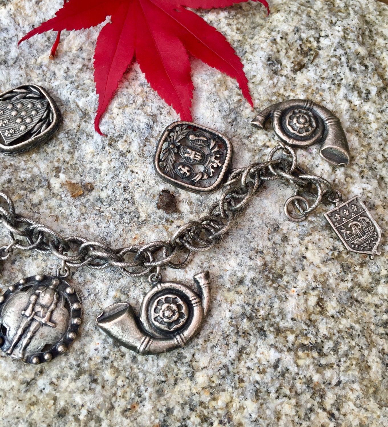 Vintage Silver Charm Bracelet, Medieval Style Knights Shield Coat of