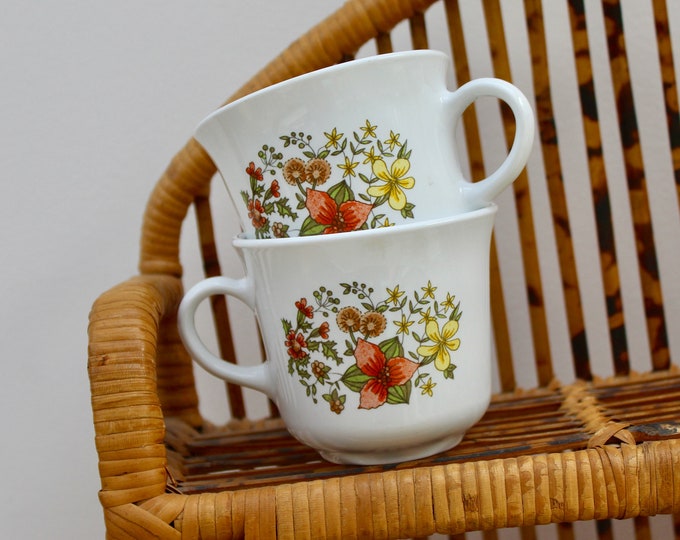 Vintage Corelle Coffee Cups, Set of Two, Retro Coffee Cups, Pair Corelle Coffee Mugs, Retro Floral Coffee Mugs, Indian Summer Corelle Cups