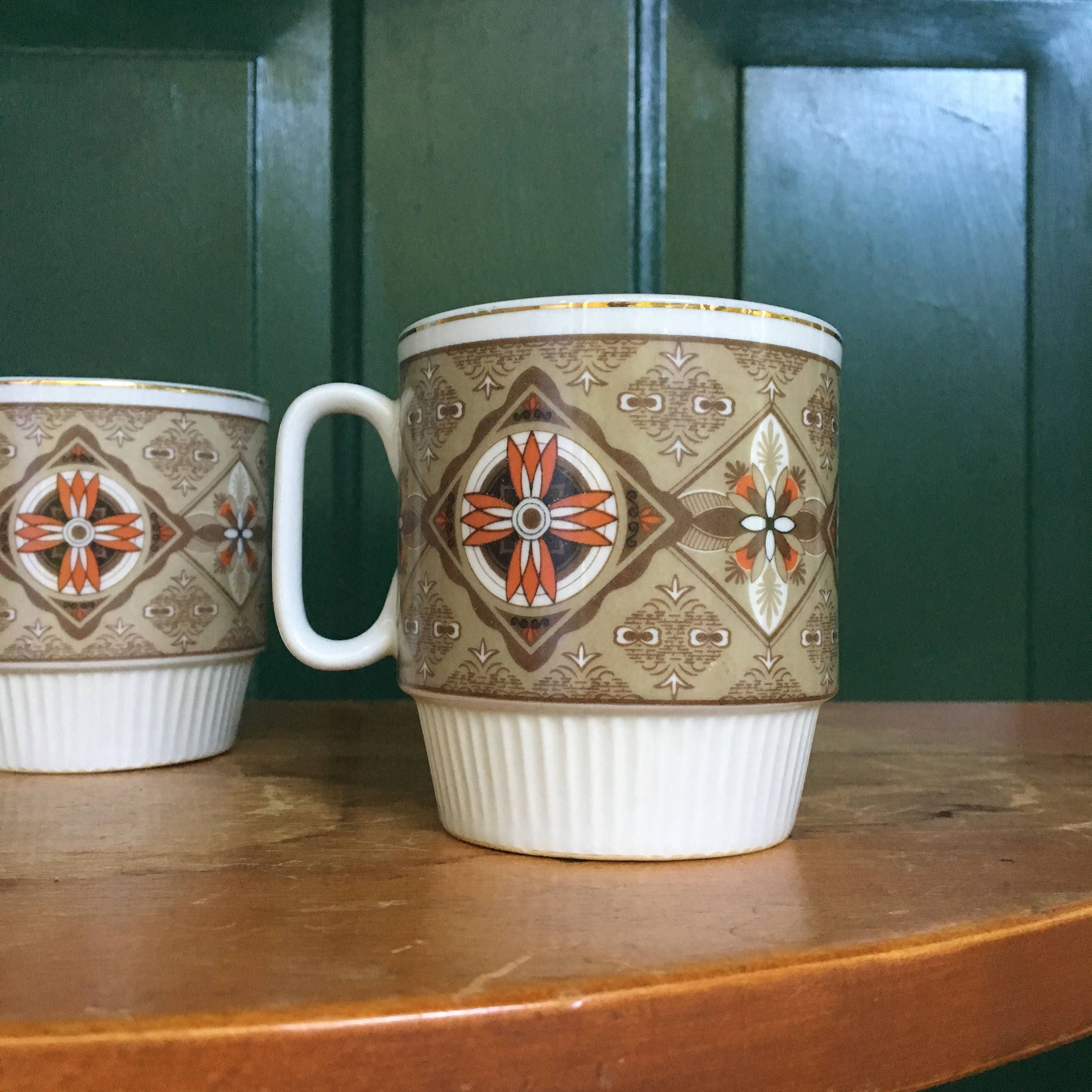Vintage Mod Stacking Coffee Cups, Set of Four, Orange and Brown Coffee