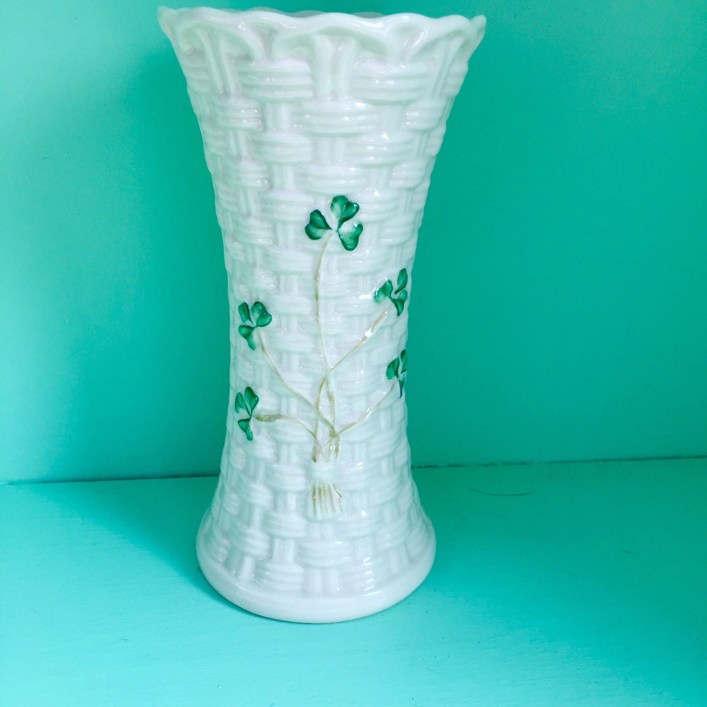 Vintage Belleek Vase, Belleek Basketweave Vase, Belleek Shamrock Vase