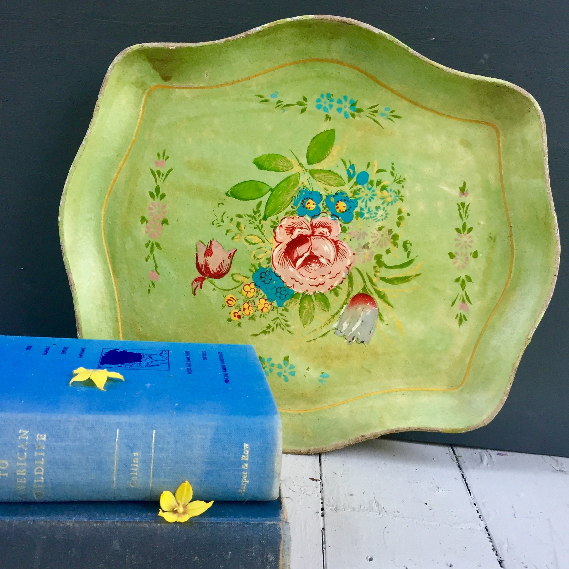Vintage Wooden Handpainted Japanese Tray, Vintage Japanese Decorative Tray, Vintage Cottage