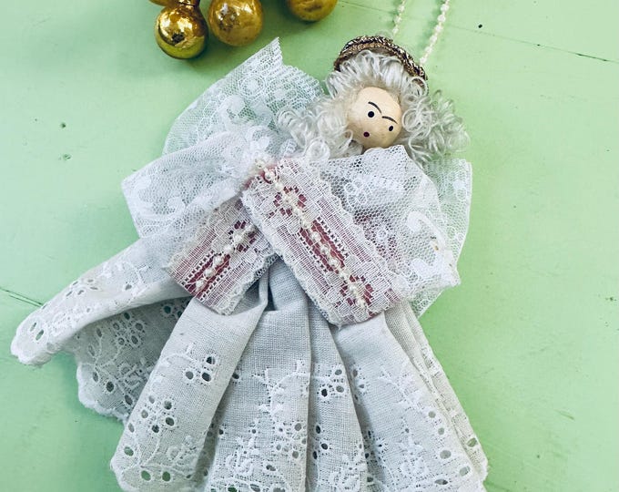 Vintage Mid Century Angel Ornament Kitschy Christmas Angel MCM Wooden Angel Ornament White Lace 1950s Japanese Angel Tree Decor Victorian