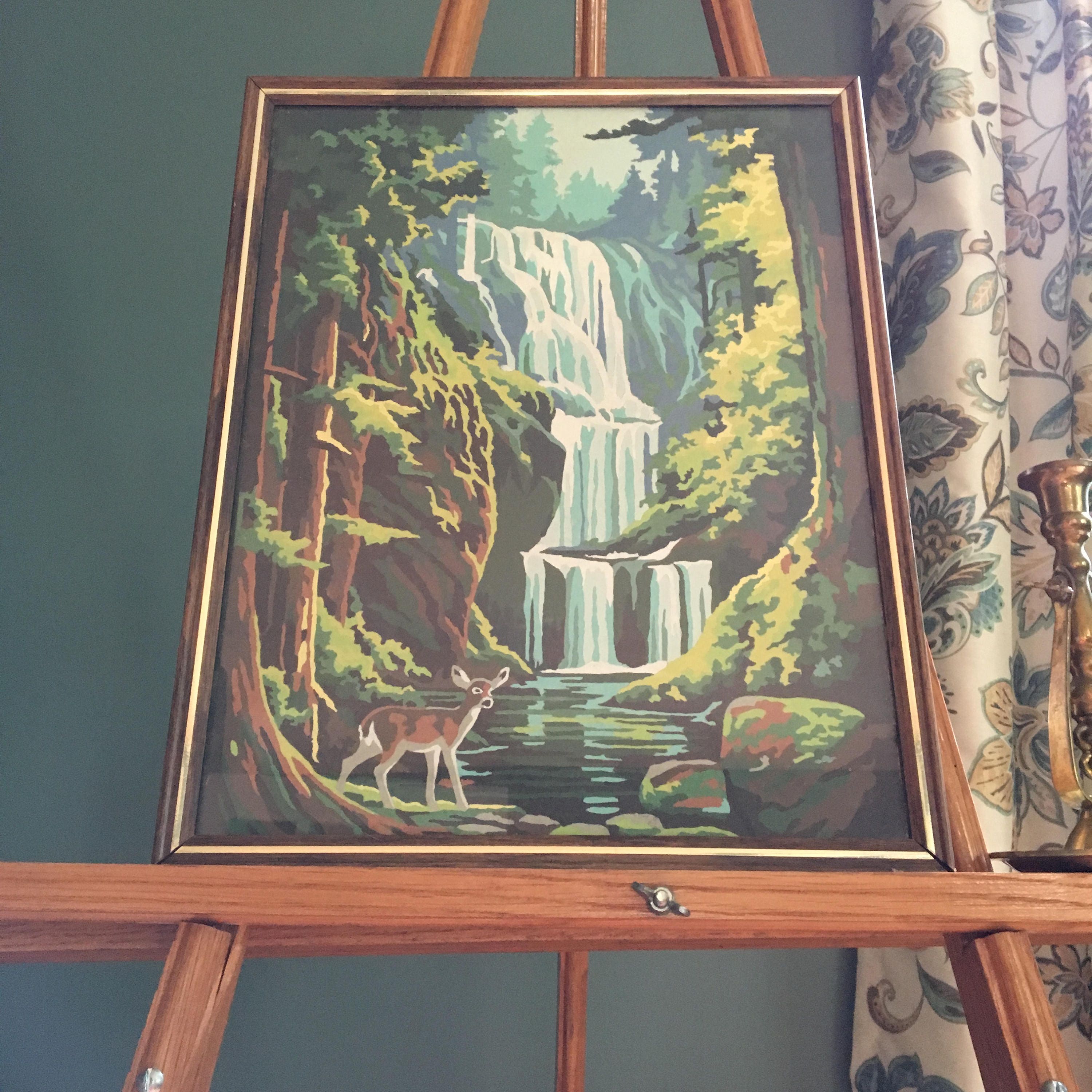 Vintage Paint by Number Deer and Waterfall Scene Framed Paint by Vintage Paint by Number Deer and Waterfall Scene Framed Paint by