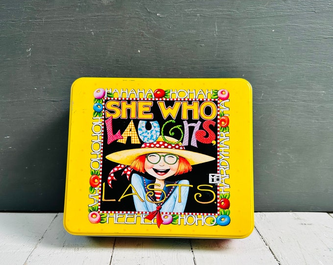 Vintage Mary Engelbreit Tin, "She Who Laughs Lasts" Tin, Mary Engelbreit Collectors Item, Vintage Collectable Tin, Vintage Friend Gift