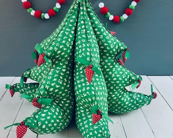 Vintage Fabric Christmas Tree Pillow Xmas Tree Large 16&quot; Tabletop Christmas Tree 3-D Fabric Christmas Tree Strawberries Vintage Christmas