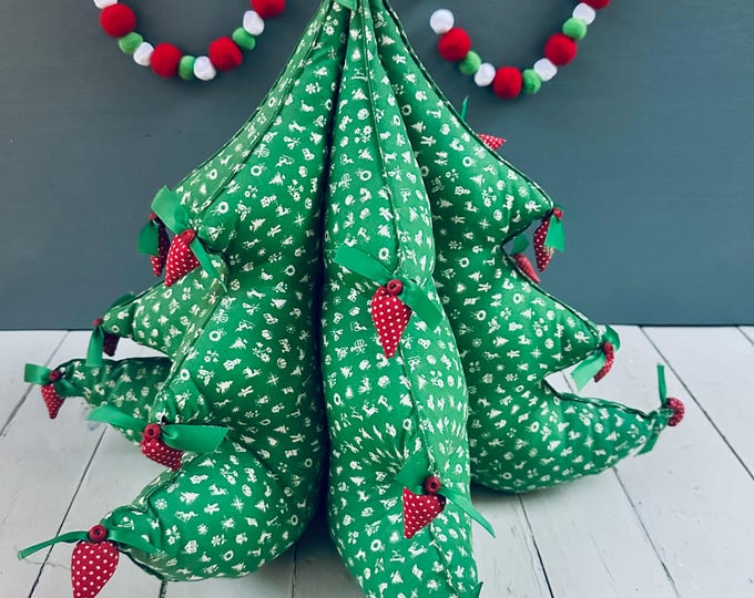 Vintage Fabric Christmas Tree Pillow Xmas Tree Large 16" Tabletop Christmas Tree 3-D Fabric Christmas Tree Strawberries Vintage Christmas
