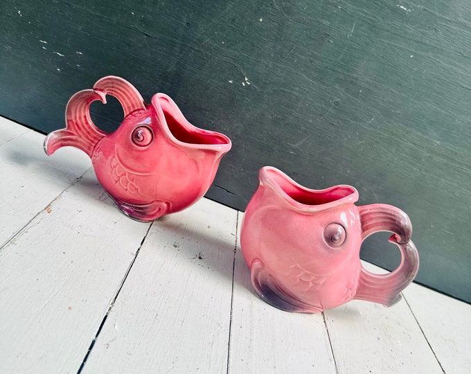 Rare MCM Fish Mugs, Pair Mid Century Fish Coffee Mugs, Vintage Big Fish Cups, 1960s Coffee Mugs, Pink Fish Mugs, German Fish Mugs