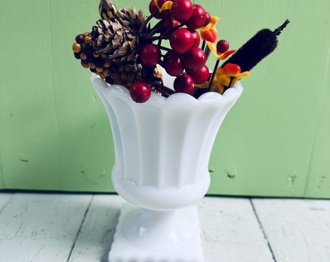 Vintage White Milk Glass Pedestal Planter Grecian Style Planter Scalloped Edges Urn Square Base White Milk Glass Vase