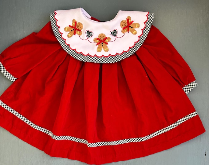Vintage 80s 90s Christmas Dress Bonnie Baby 18 months Vintage Baby Christmas Dress Embroidered Collar Gingerbread Men Corduroy Fancy