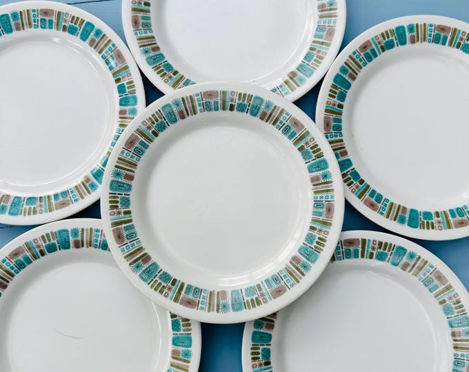 Vintage MCM 6 Texas-Ware Melamine Small Plates, Aztec Pattern Geometric