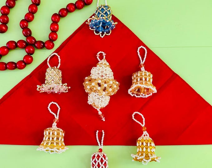 Vintage MCM Christmas Beaded Bell Ornament Lot Set of Seven Beaded Christmas Bell Ornaments Vintage 60s Xmas Beaded Pearl Ornaments
