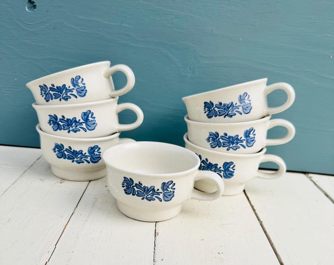 Vintage Pfaltzgraff Yorktowne Coffee Mugs Blue Floral Mugs Set of Seven Stoneware Coffee Cups Set Farmhouse Mugs