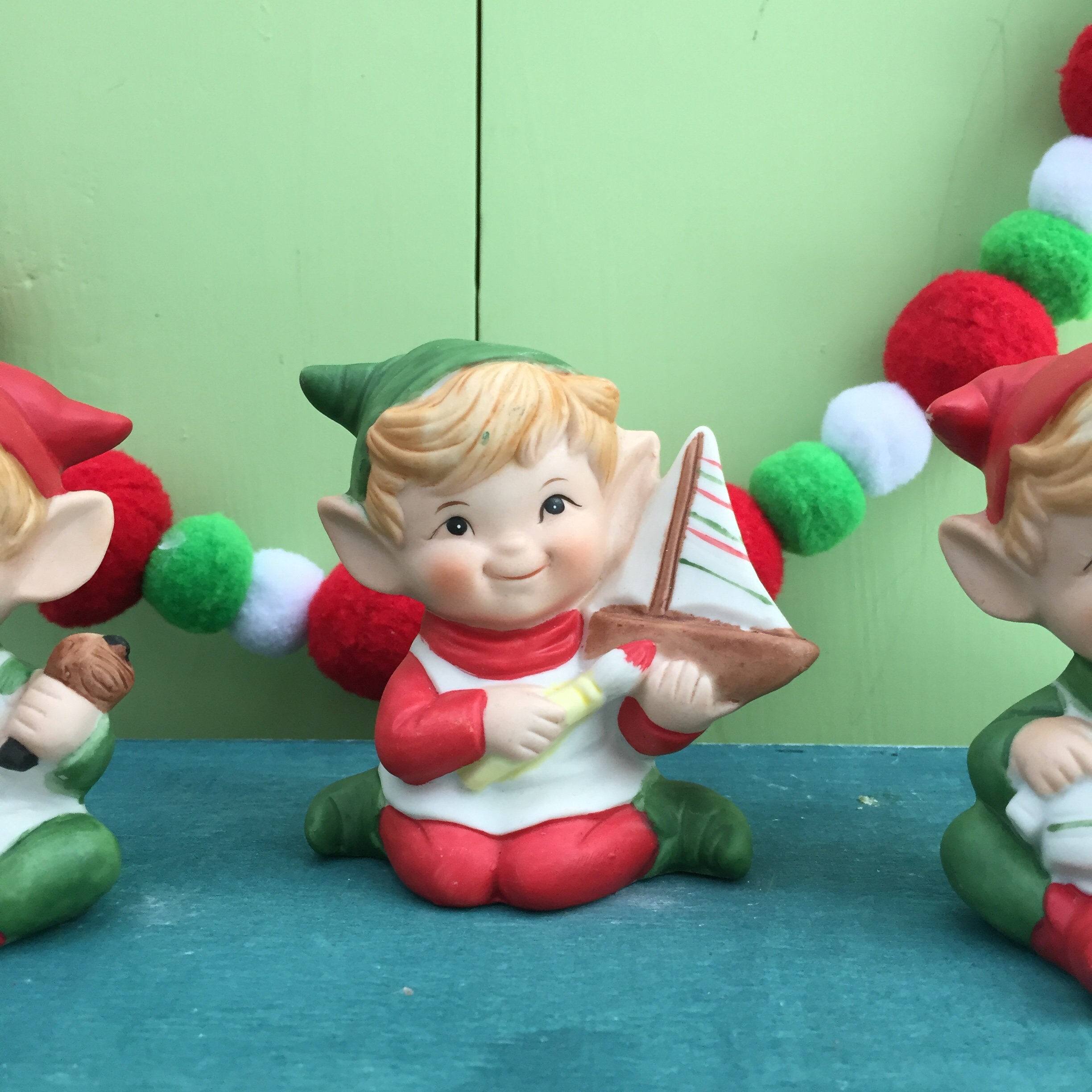 Vintage Homco Elves, Set of Three, Vintage Christmas Elves, Vintage Elf Figurine, Vintage Elf