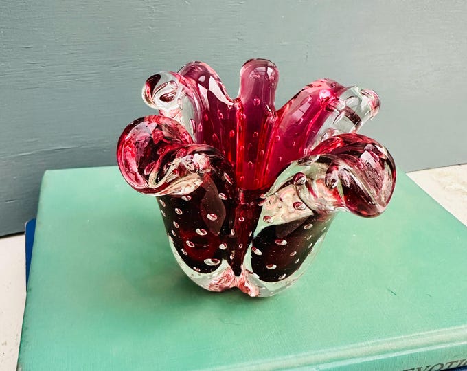 Vintage Rare Murano Art Glass Tulip Flower Candleholder Cranberry Colored