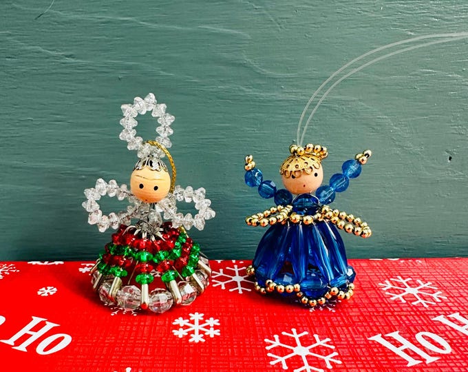 Vintage 60s Angel Beaded Ornaments Set of Two Mid Century Beaded Christmas Ornaments Pair of Angels Kitschy Xmas Ornaments