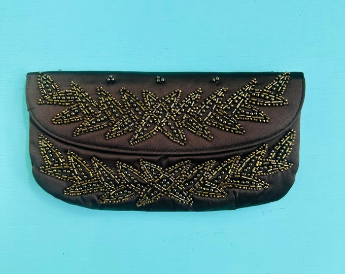 Vintage Souré Beaded Clutch Purse 1950s Brown Satin Evening Bag Mid Century Cocktail Purse