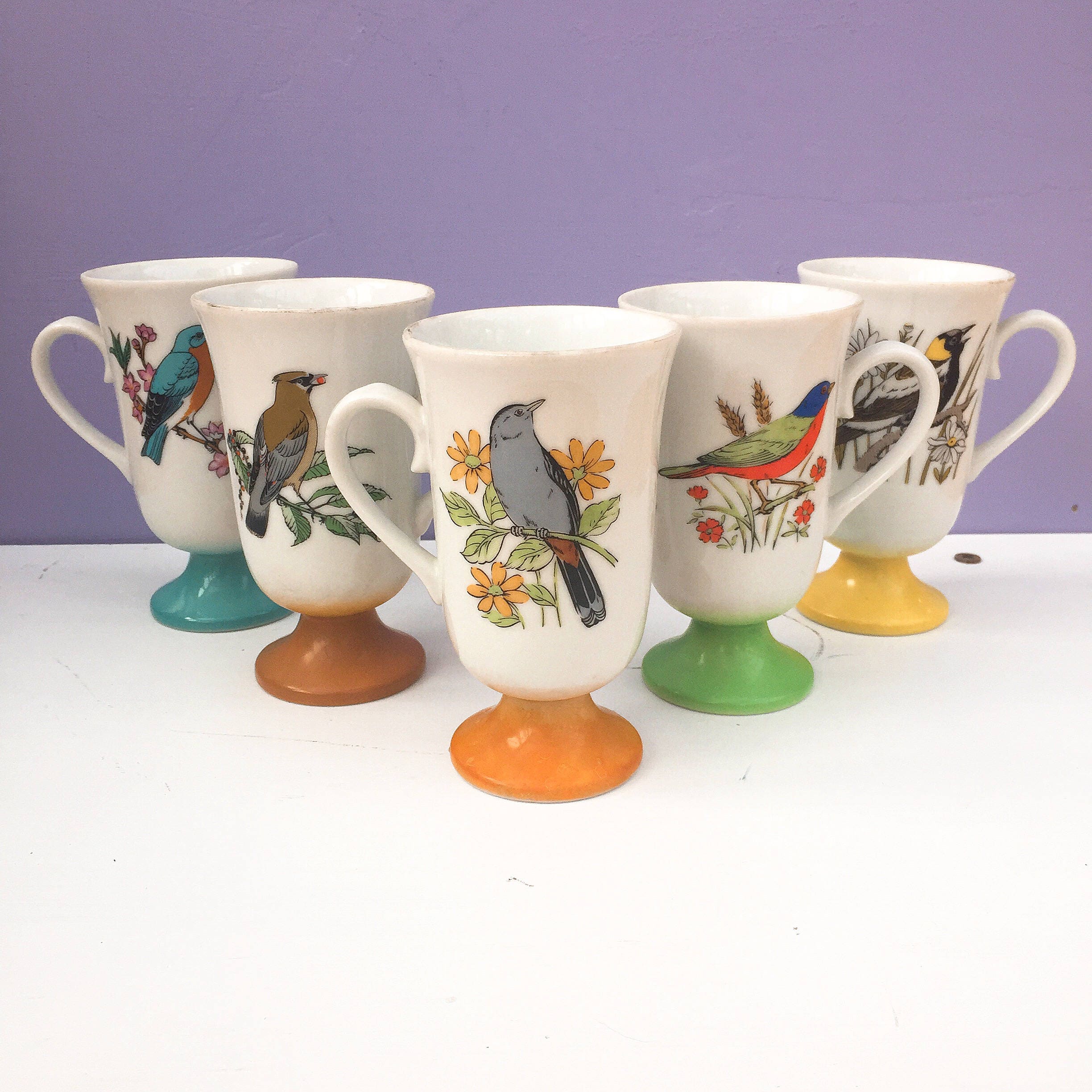 Vintage 1950s Bird Coffee Mugs, Set of Five, Mid Century Bird Pedestal