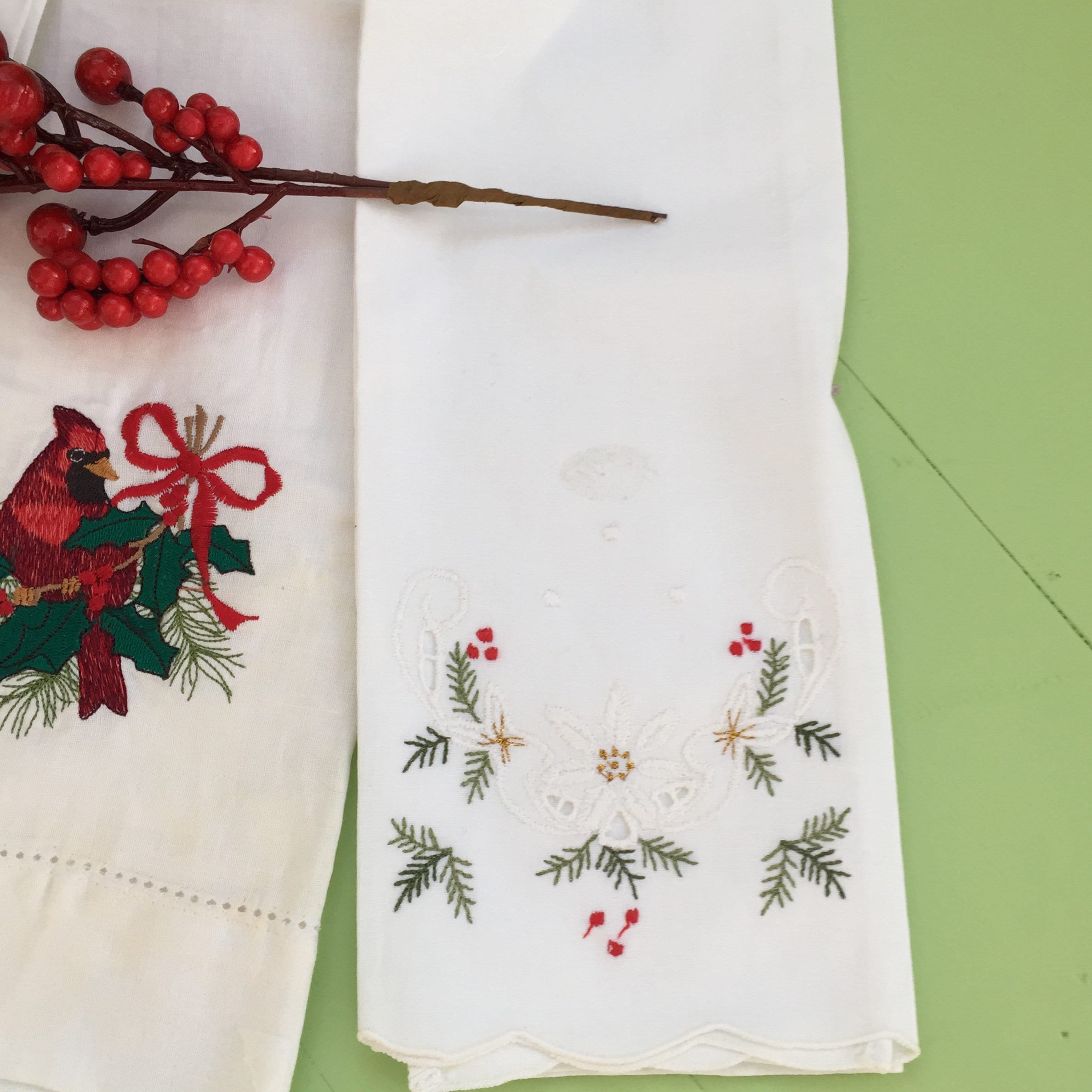 Vintage Christmas Linens, Set of Three, Embroidered Christmas Tea