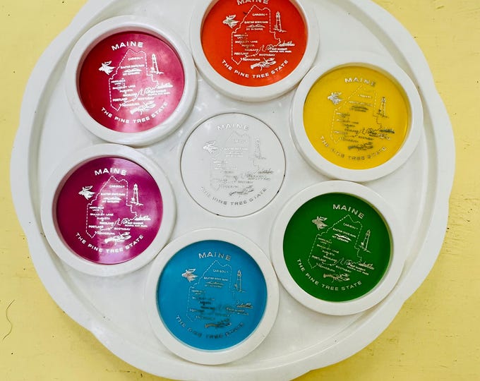 Vintage Maine Coasters, Vintage Maine Souvenir Travel Coaster, Plastic Souvenir Coaster Set, Vintage Maine Map Coasters Rainbow Colors