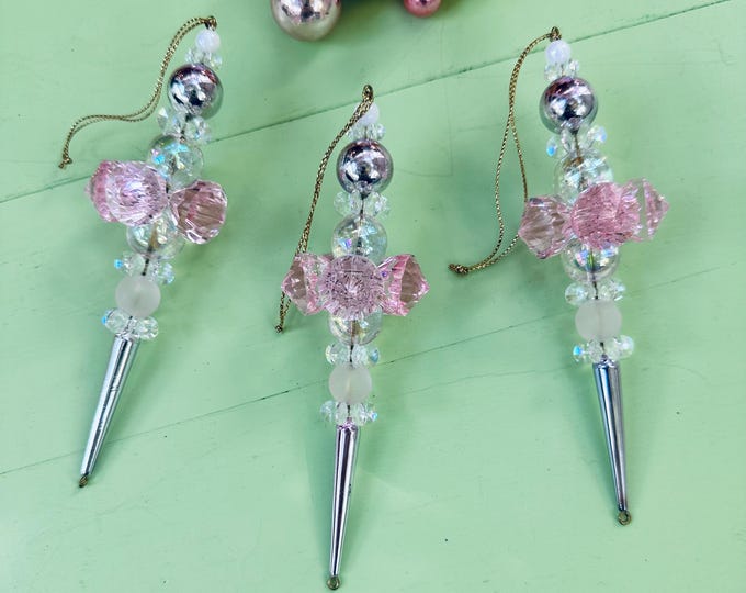 Vintage MCM Pink and Silver Icicle Ornaments Mid Century Christmas Tree Ornaments Fancy Vintage Xmas Ornaments Set of Two