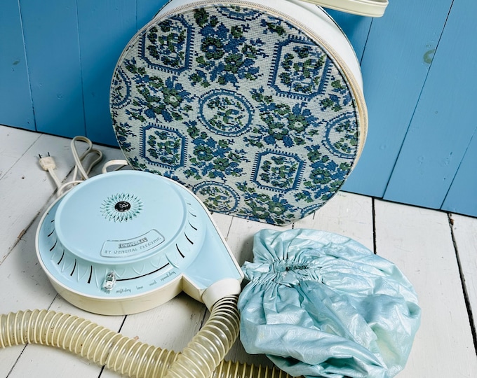 Vintage GE Universal Bonnet Hair Dryer with Original Blue Floral Travel Case, Mid Century Beauty Appliance, 1960s Vanity Decor, Retro Salon