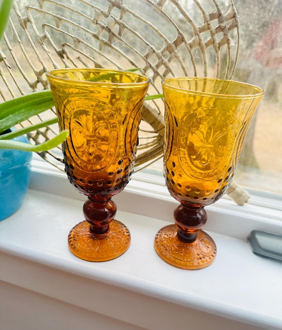 アンティーク　ラリック　R.LALIQUE NIPPON オレンジエードグラス Vintage Zrike Renaissance Water Goblets Pair of Amber Colored