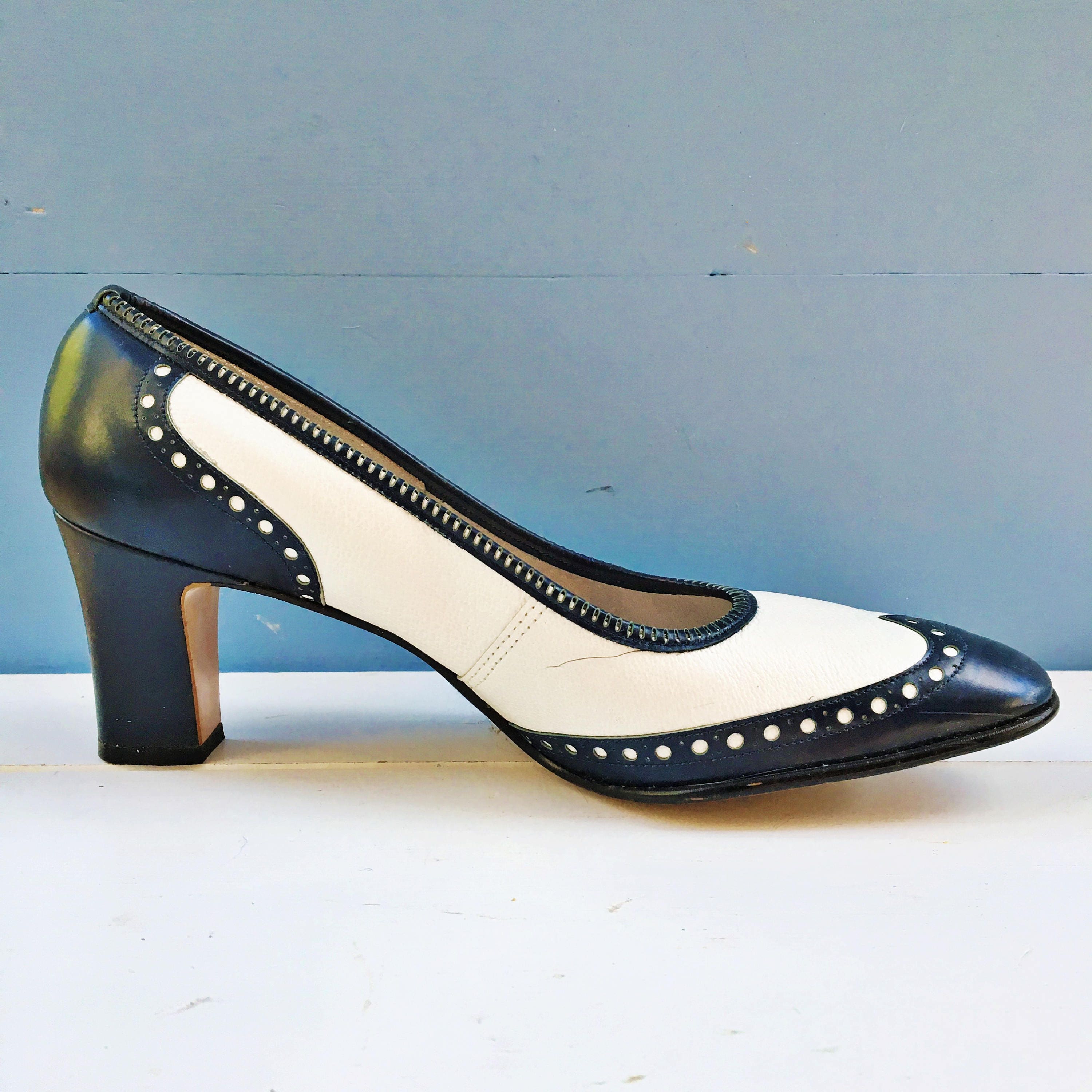 Vintage Navy and White Spectator Heels, Women's Size 8