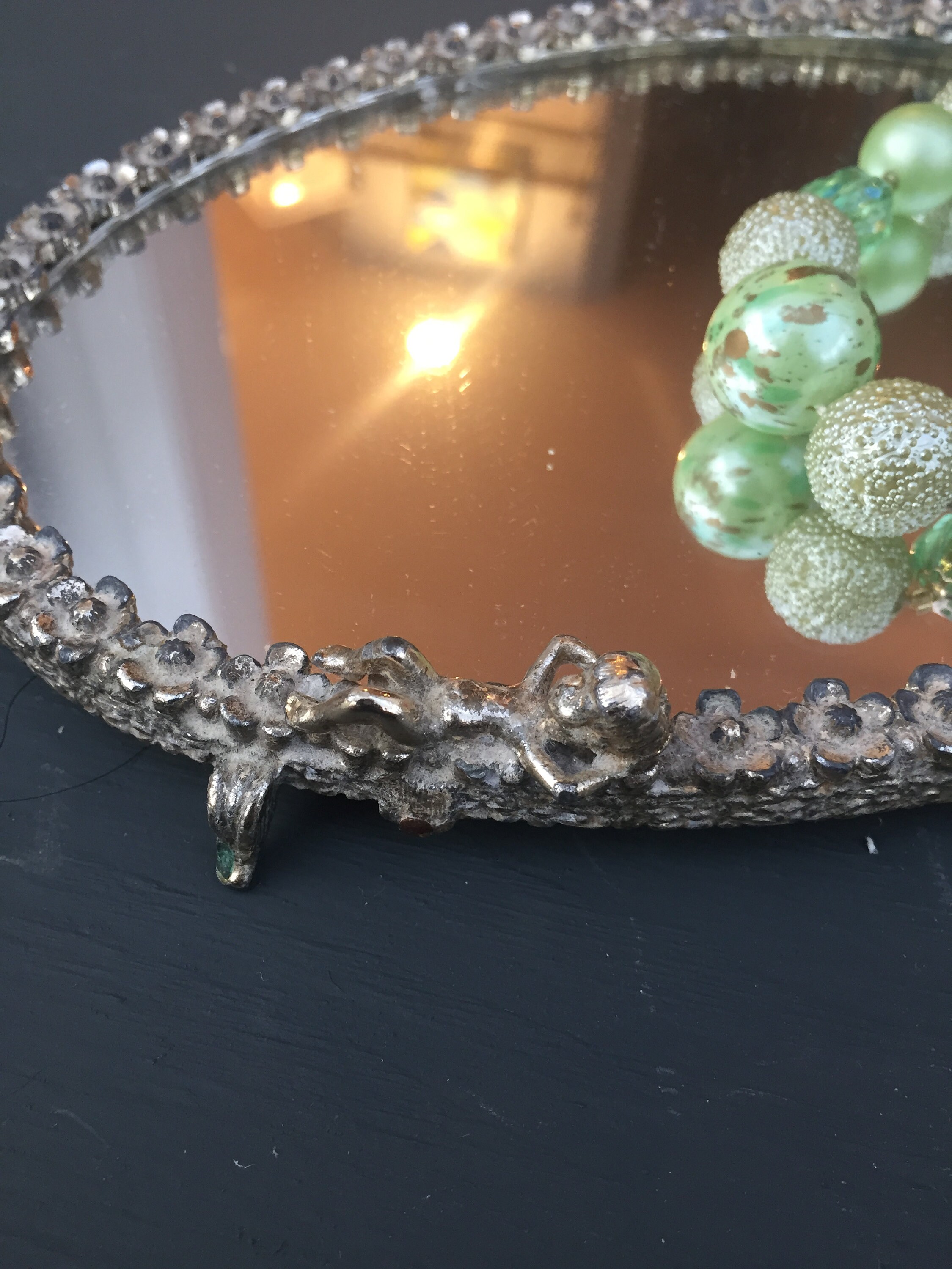 Vintage Mirrored Vanity Tray with Cherub and Floral Accents, Vintage