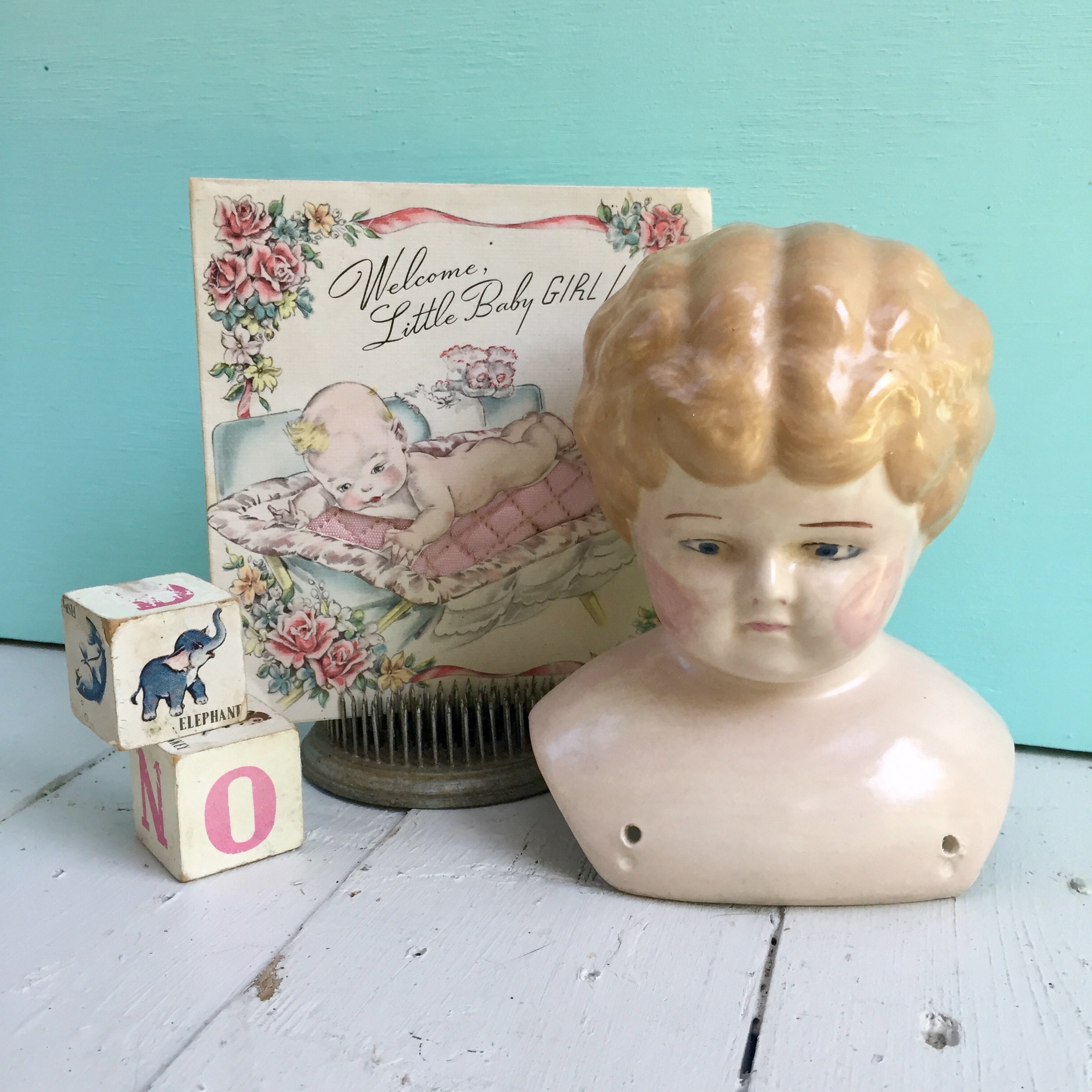 Vintage Ceramic Doll Head, Porcelain Hand Painted Doll Head, Vintage