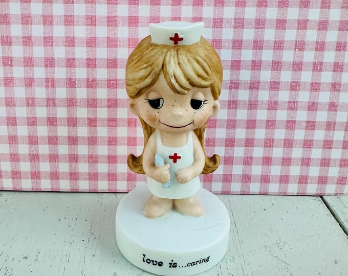 Vintage 70s Nurse Figurine "Love Is Caring" Rare Valentine's Day Nurse Gift Kim Schmid "Bare Bottom" Nurse Kitschy Mod Figurine Collectible
