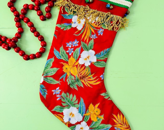 Vintage MCM Christmas Stocking Red Gold Floral Fringe Jingle Bells Mid Century Xmas Stocking Fancy Floral Stocking Christmas Decor