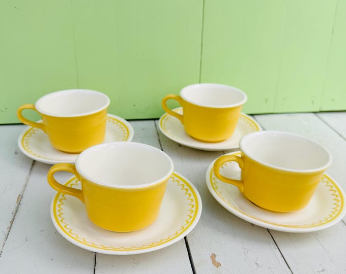 Vintage MCM USA Cup and Saucer Set of Four Yellow and White Cups and Saucers Retro Mid Century Coffee Cups Scalloped Edges
