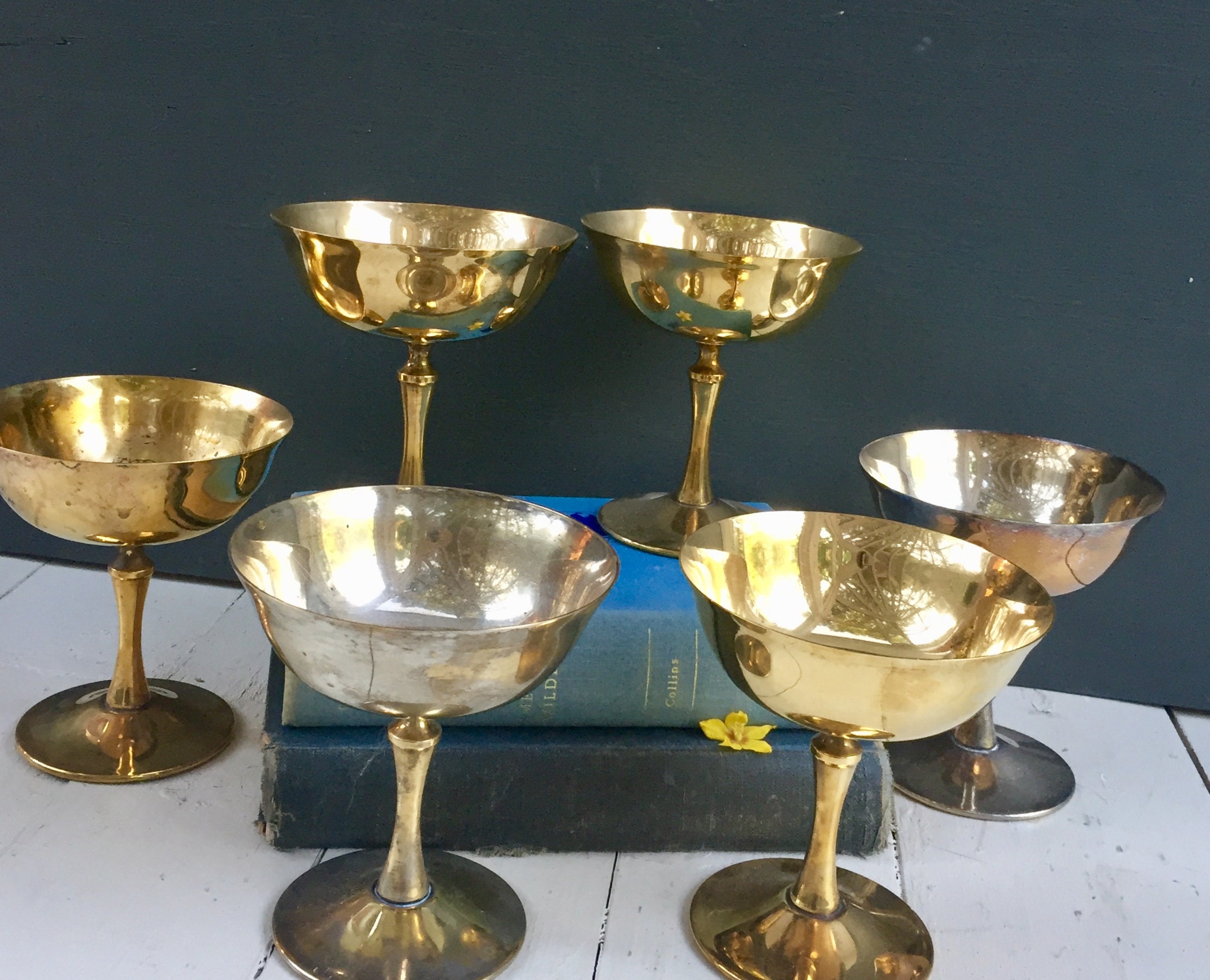 Vintage Brass Pedestal Cups, Set of Six, Vintage Brass Candleholders