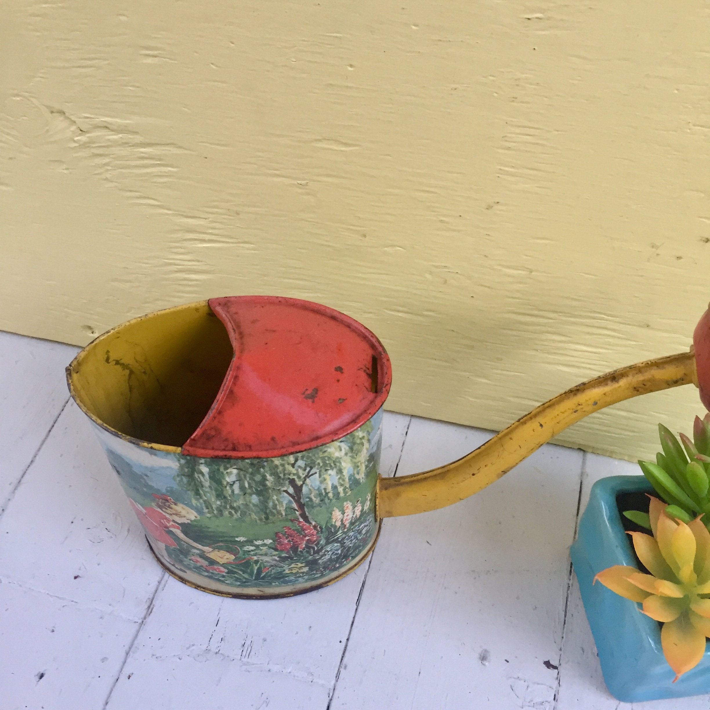 Vintage Tin LItho Watering Can, Vintage Children's Watering Can, Vintage Tin Watering Can