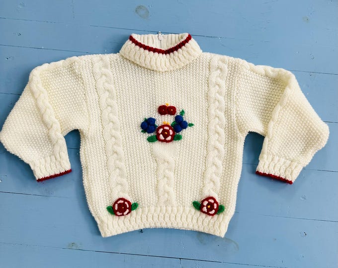 Vintage 60s Little Girl Sweater White Red Flowers Chunky Knit Size 2T Retro Toddler Sweater Turtleneck Rosettes Cable Knit Sweater