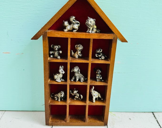 Vintage Miniature Pewter Animals Wood House Shadow Box 11 Animal Figurines Curio Display Shelf