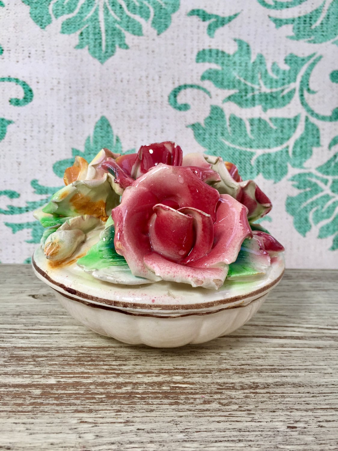 Vintage 1940s Capodimonte Dish, Vanity Display, Red and Yellow Rose