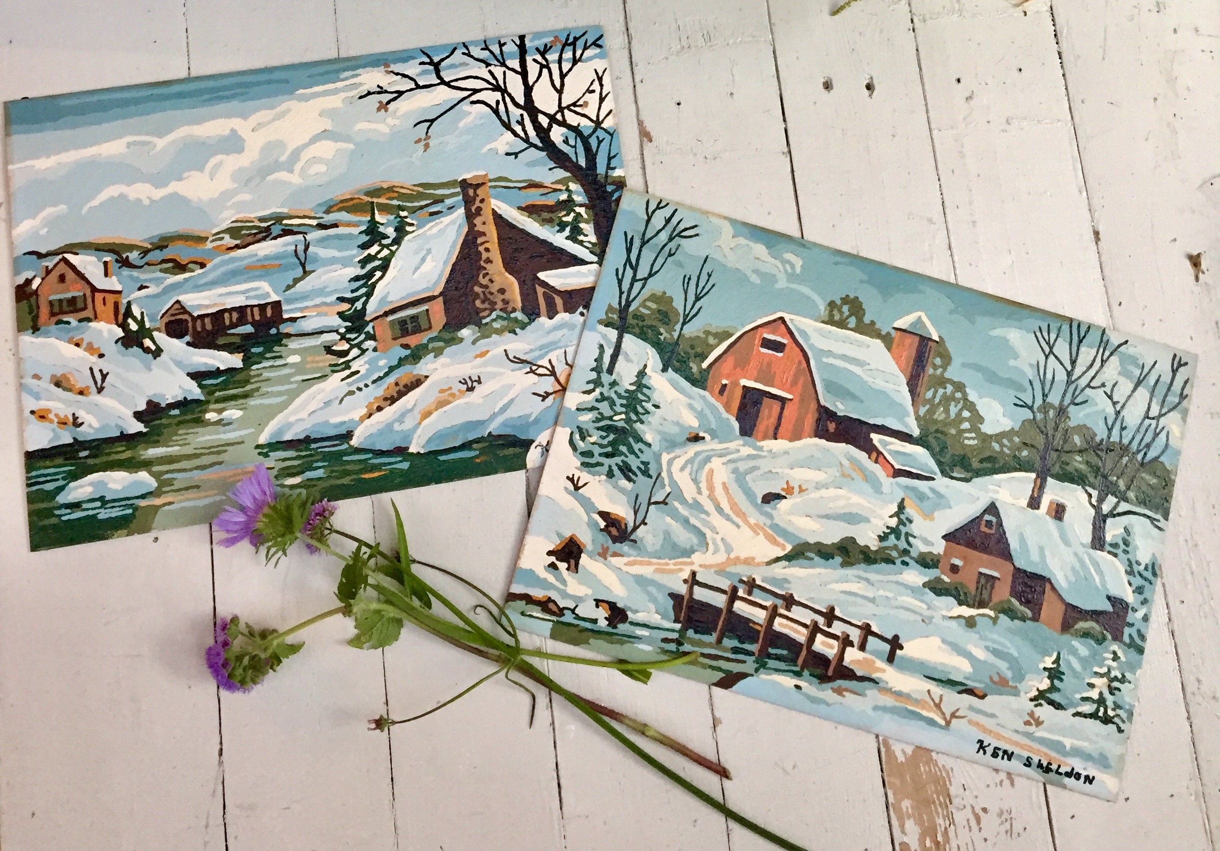 Vintage Paint by Number Paintings, Vintage Pair Winter Landscape