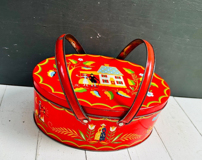 Vintage 1960s Dutch Pennsylvania Tin with Handles, Red Dutch Tin, Vintage Danish Decor, Vintage Handled Tin, Vintage Storage Container
