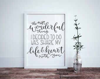 The Most Wonderful Thing I Decided to do Was Share My Life & Heart With You Calligraphy Print - Love Quote Print - Gift for Her - Life Print