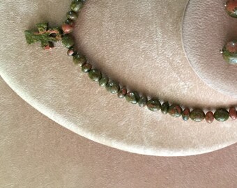 Unakite Necklace with Ankh Cross Pendant and Matching Earrings