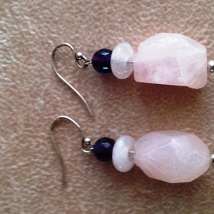 A Gift of a Rose Earrings; Rose Quartz and Amethyst Sterling Silver French Hook Earrings