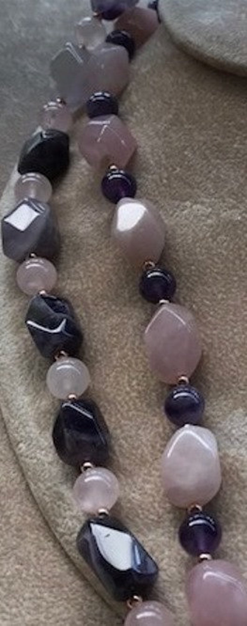 Double Stranded Amethyst and Rose Quartz Necklace and Earrings Set