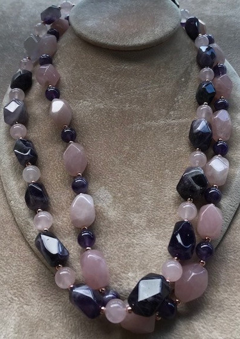 Double Stranded Amethyst and Rose Quartz Necklace and Earrings Set