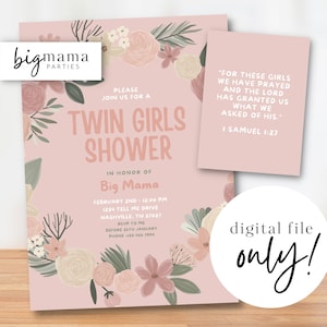 Editable Twin Girls Baby Shower Invitation Floral Pinks Inspired Instant Download