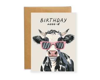 Verjaardagskaart met een koe, grappige woordspeling met 'Mooo-d', cadeau met boerderijdieren