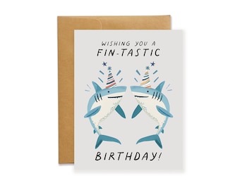Shark Birthday Card, Fin-Tastic Ocean Gift, Funny Pun Illustration