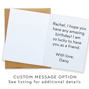 A photo featuring the inside of a folded card to demonstrate the option to have a custom message printed on the inside of your card.